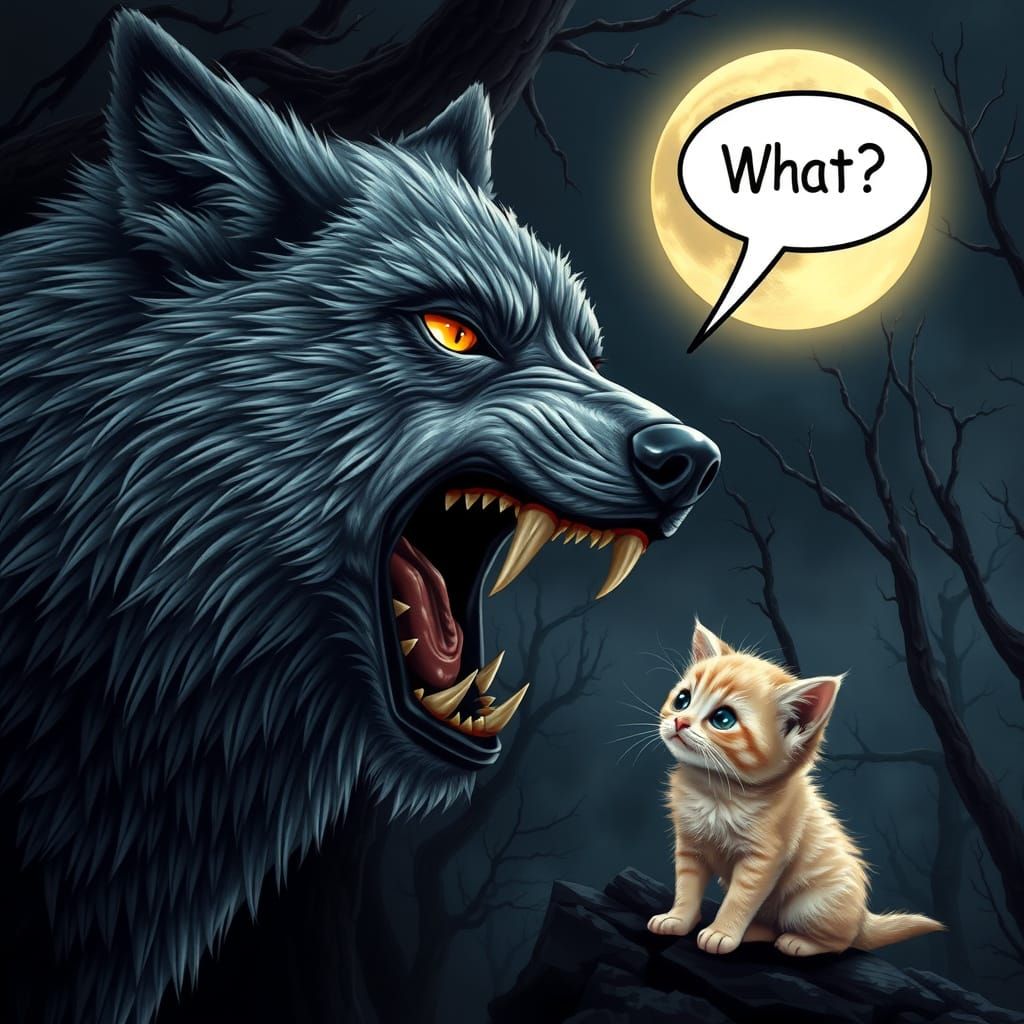Surreal Dark Fantasy Wolf and Kitten Confrontation