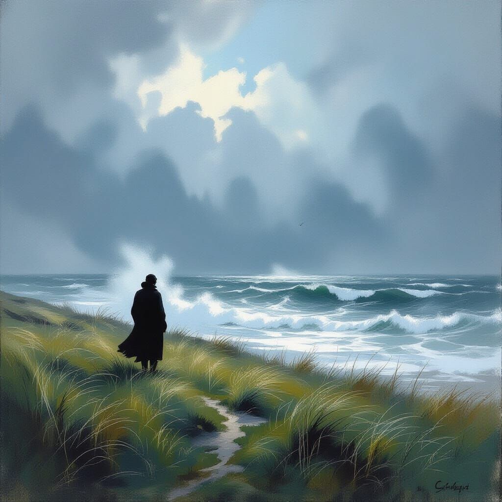Solitary Figure Contemplates Stormy Sea in Impressionistic S...