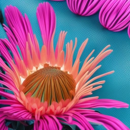 Realistic Pink Protea in Teal Vase, Detailed Digital Art