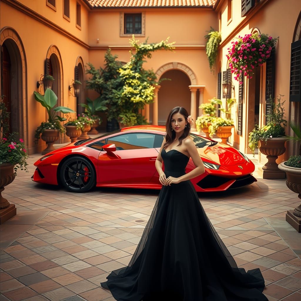 Red Lamborghini in Sunny Italian Courtyard
