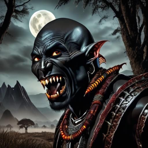 African Tribal Vampire Warrior Portrait in Horror Style