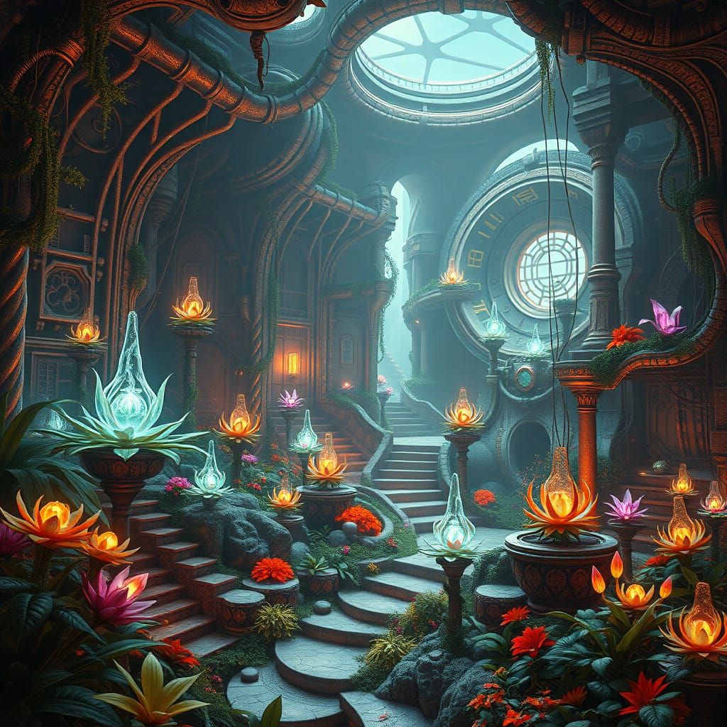 Futuristic Oasis Garden with Luminescent Flora and Fauna