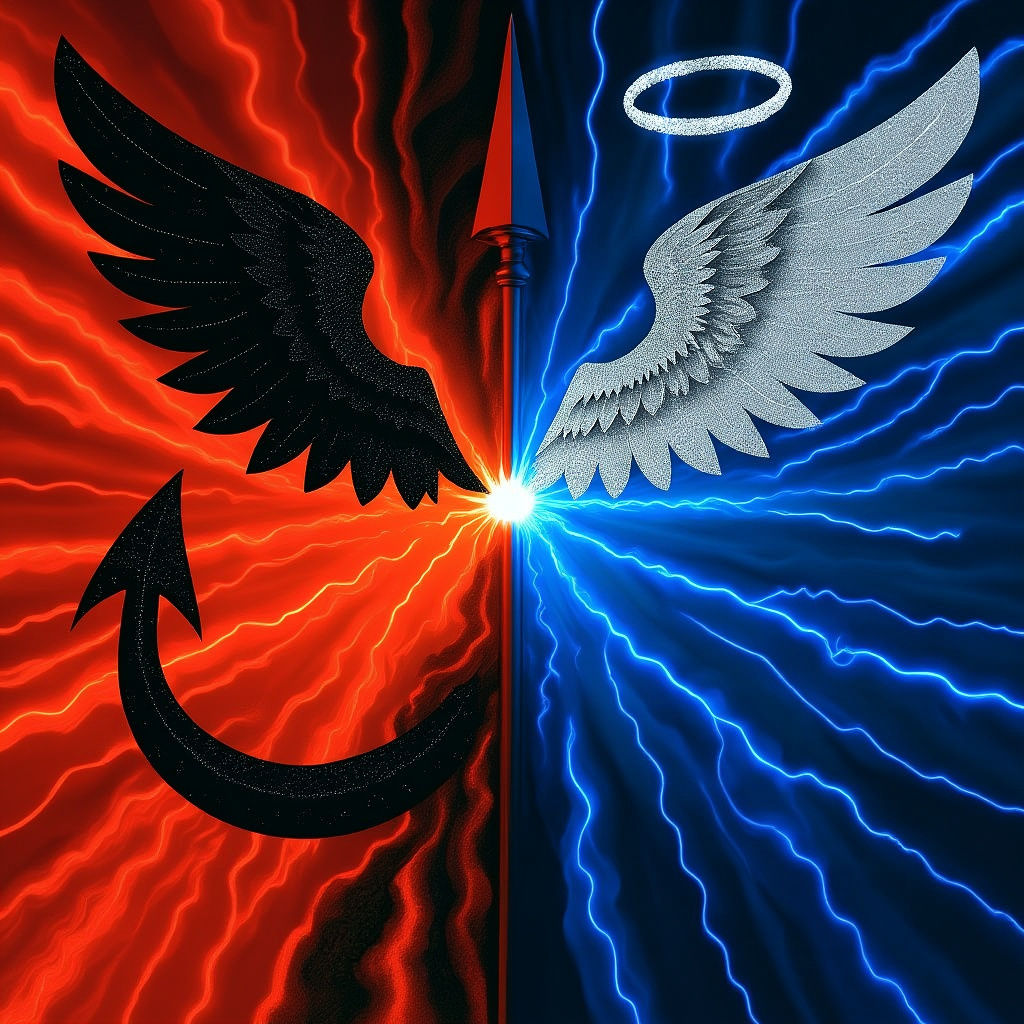 Epic Good vs Evil Battle in Synthwave Style