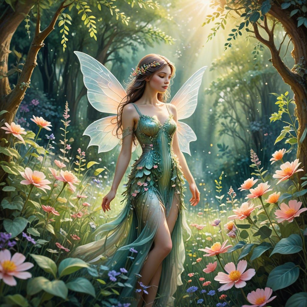 Whimsical Watercolor Fairy in Vibrant Blooms and Lush Greens