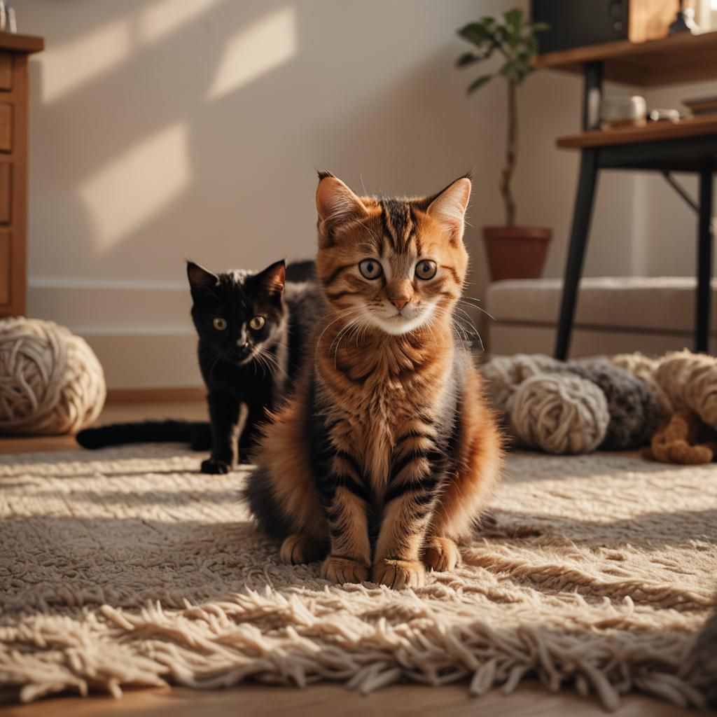 Ginger Kitten Meets Black Cat in Cozy Living Room