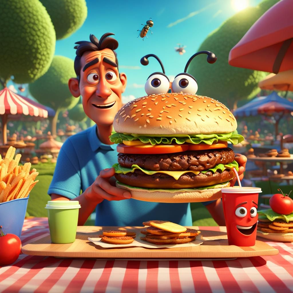 Unhappy Man with Bugs on Hamburger, Pixar-Style