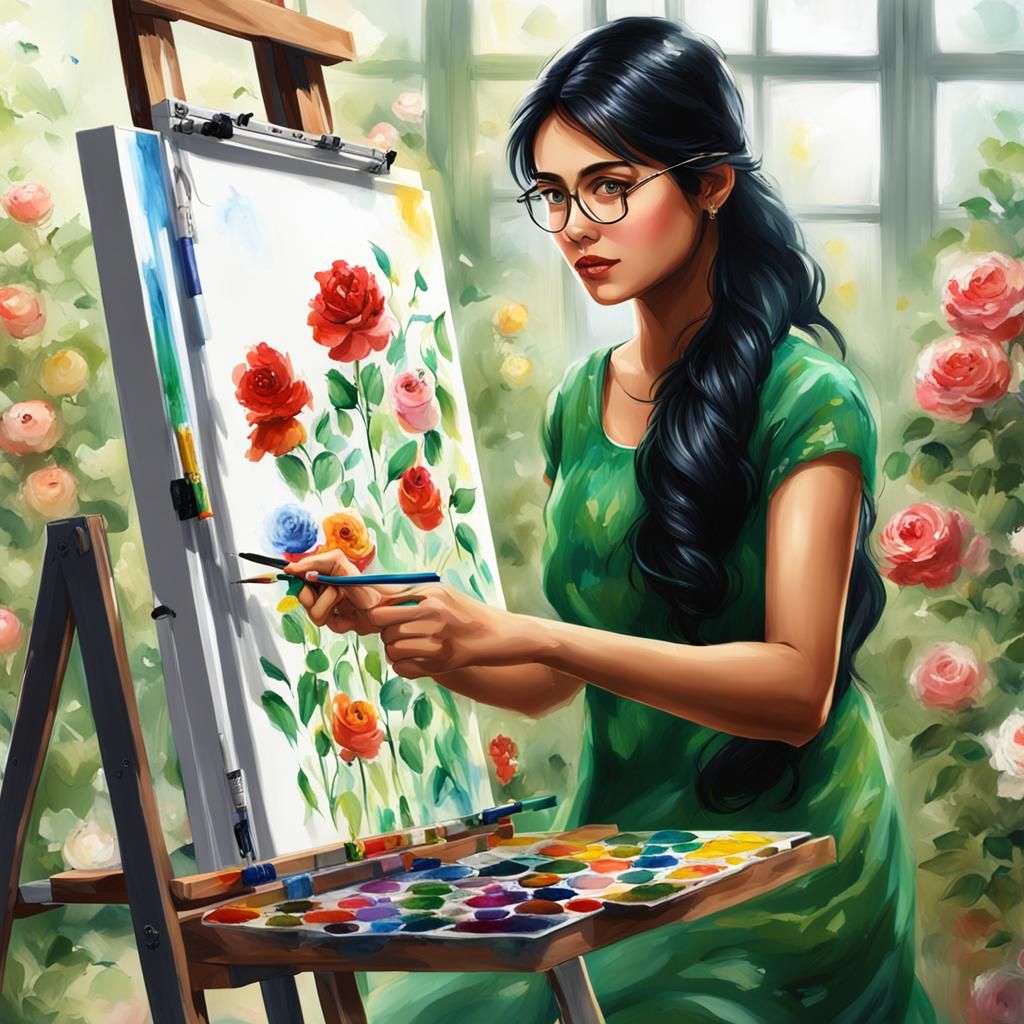 Beautiful Woman Painting Flowers: Digital Illustration