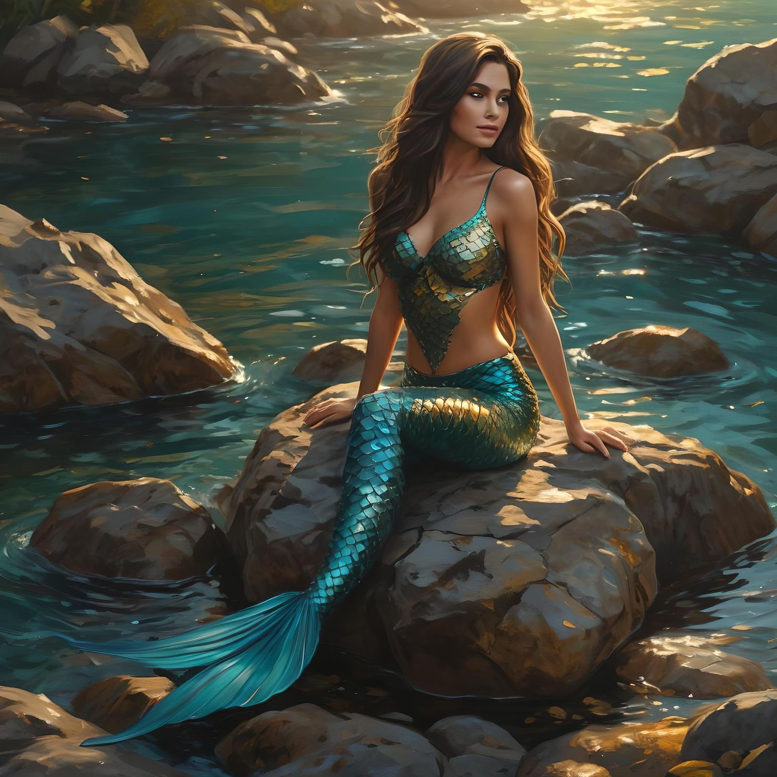 Beautiful Brunette Mermaid with a metallic teal mermaid tail...