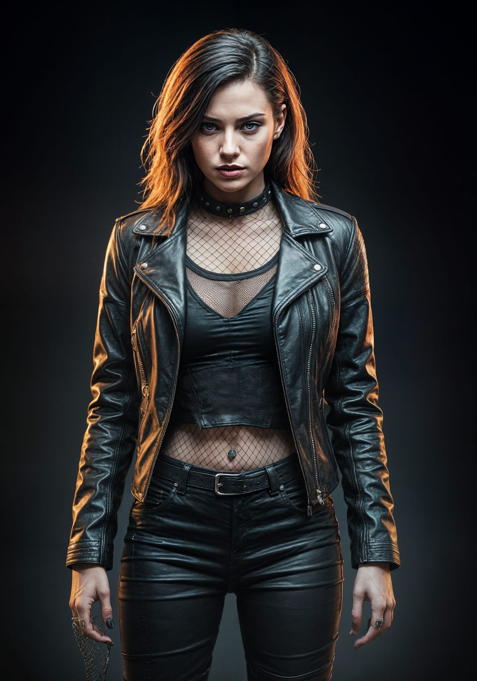 Hyperrealistic Woman in Leather Jacket: Cinematic Film Still