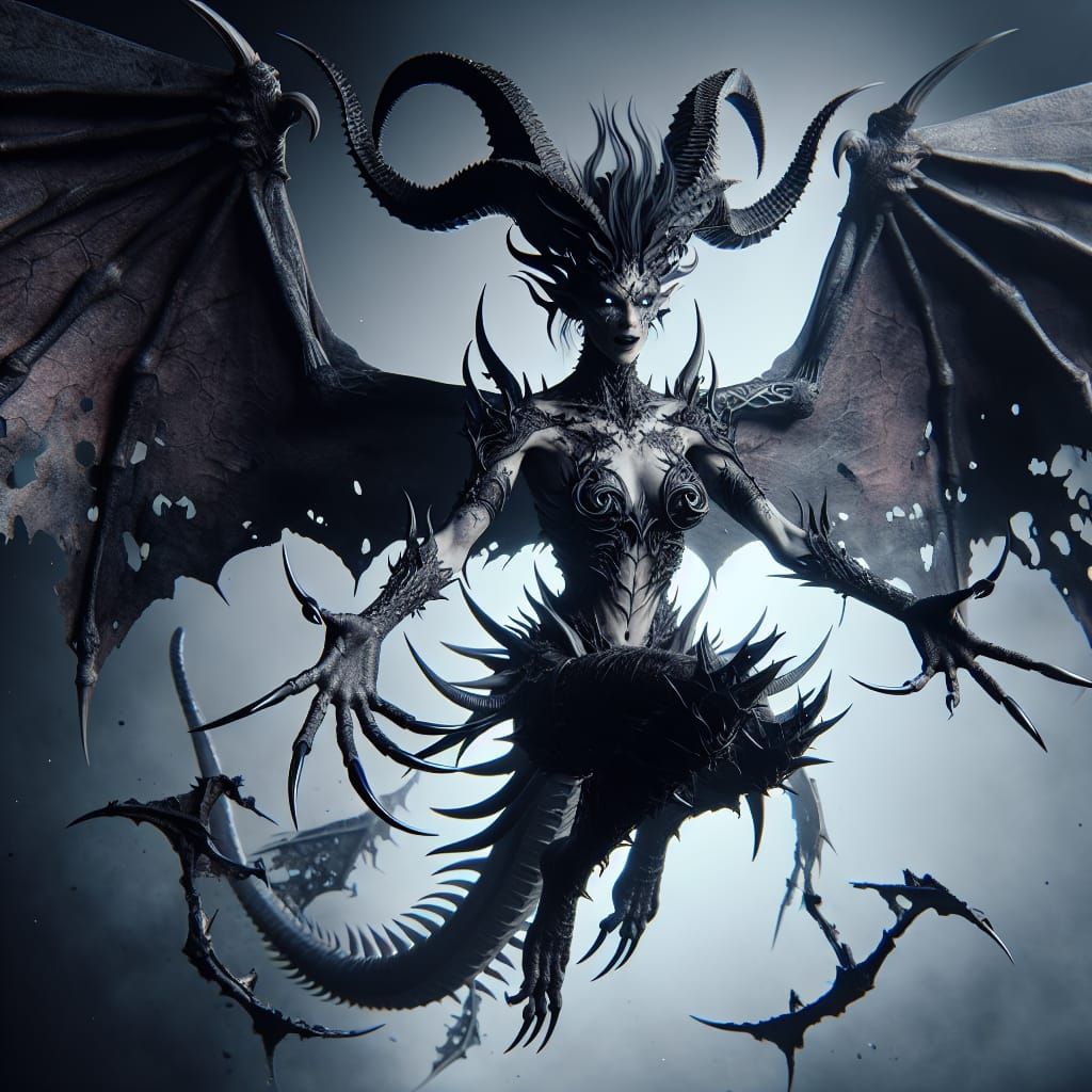 Demonic Dragon Woman with Black Scales and Horns