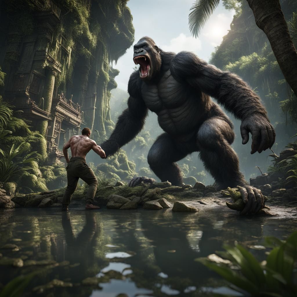 King Kong Battles Anaconda in Jungle Ruins