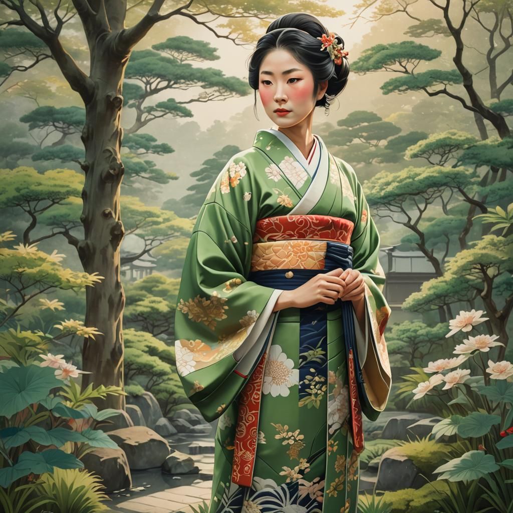 Kimono in Garden: Traditional Japanese Ukiyo-e