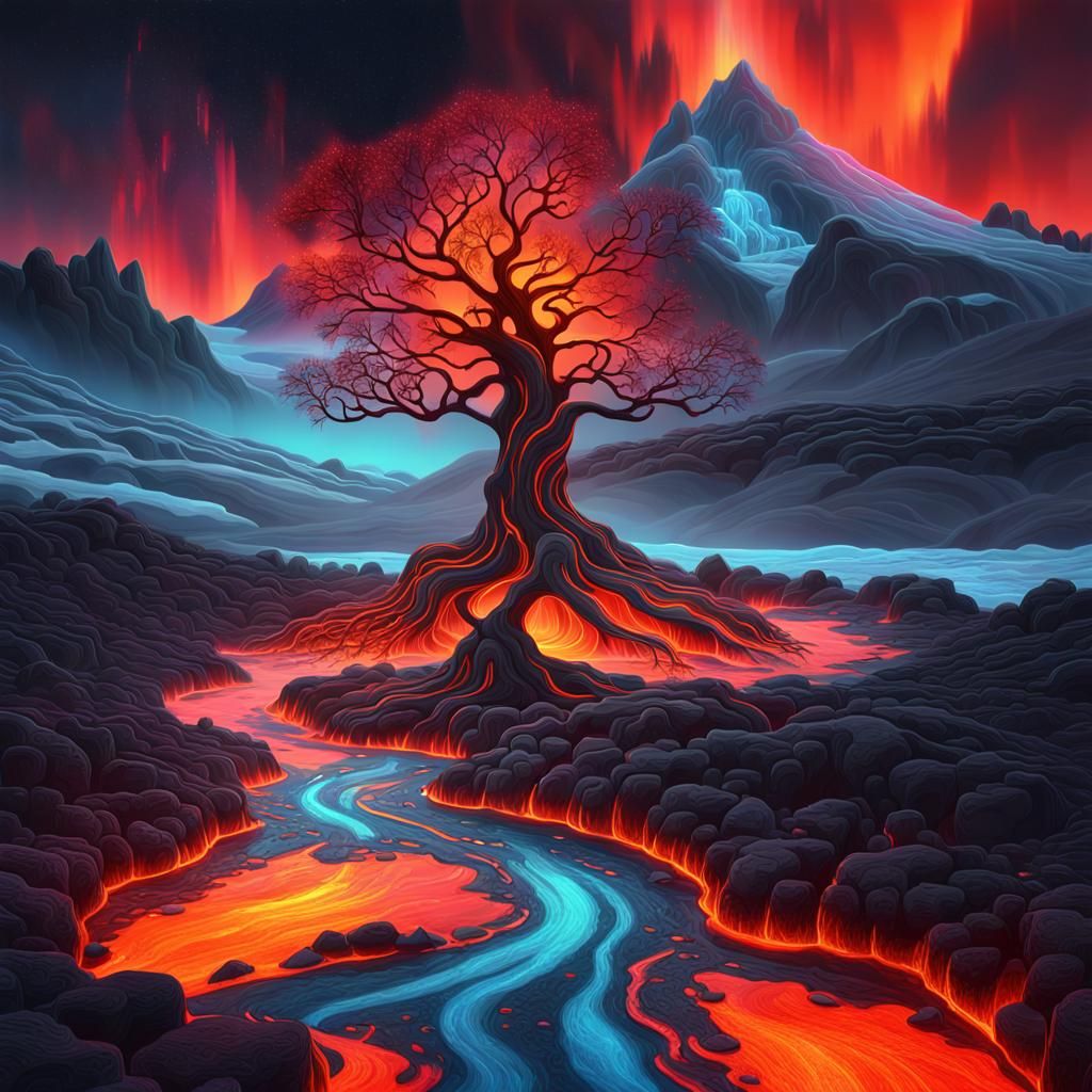Magical Tree in Lava Stream, Aurora-Inspired Digital Art