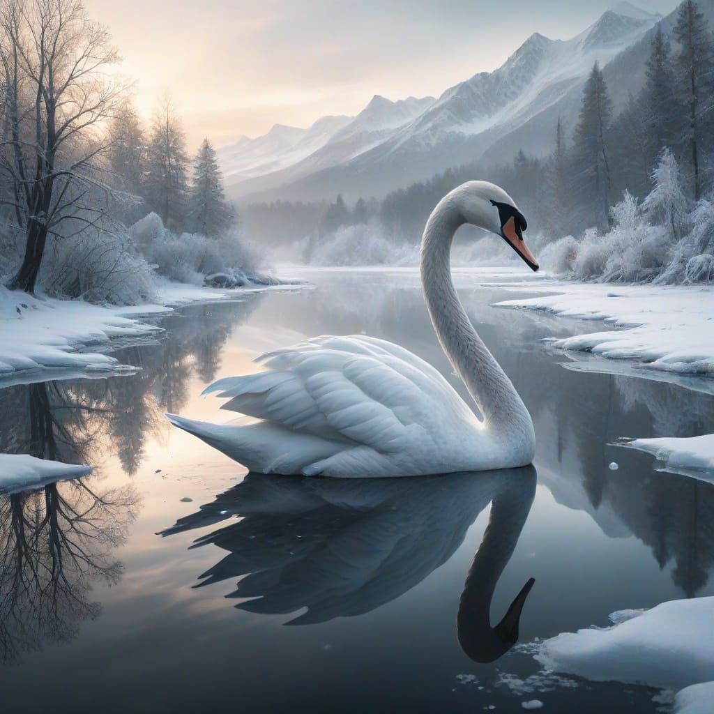 Ethereal Swan Silhouette Dissolves into Icy Winter Wonderlan...