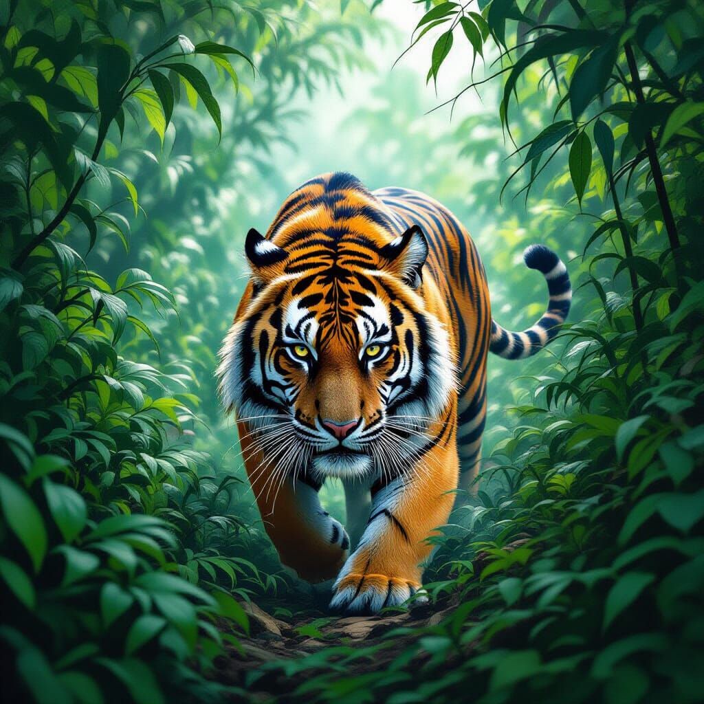 Bengal Tiger Hunting in Hyperdetailed Airbrush Style