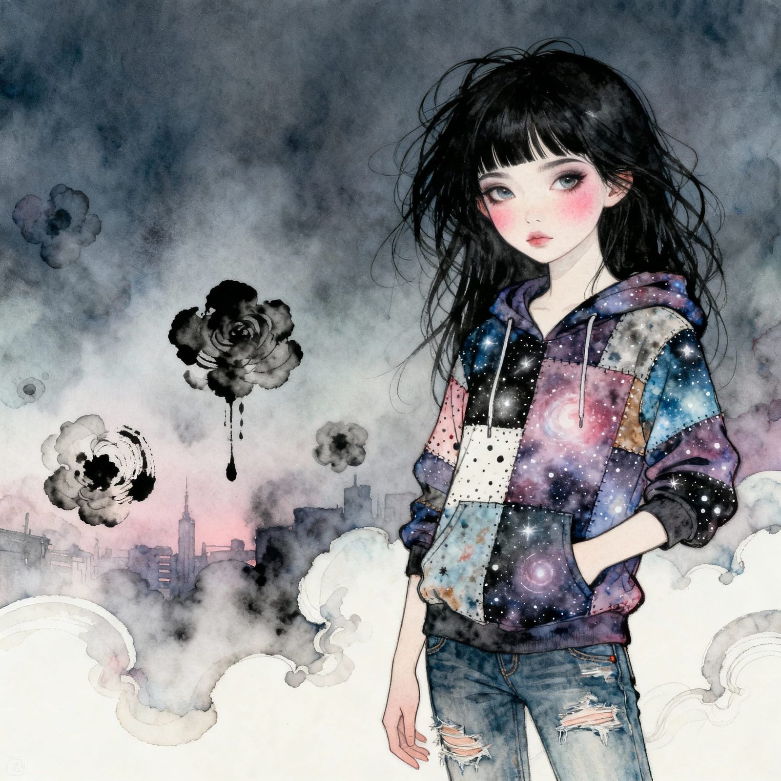 Surreal Portrait of Woman with Galaxy Hoodie