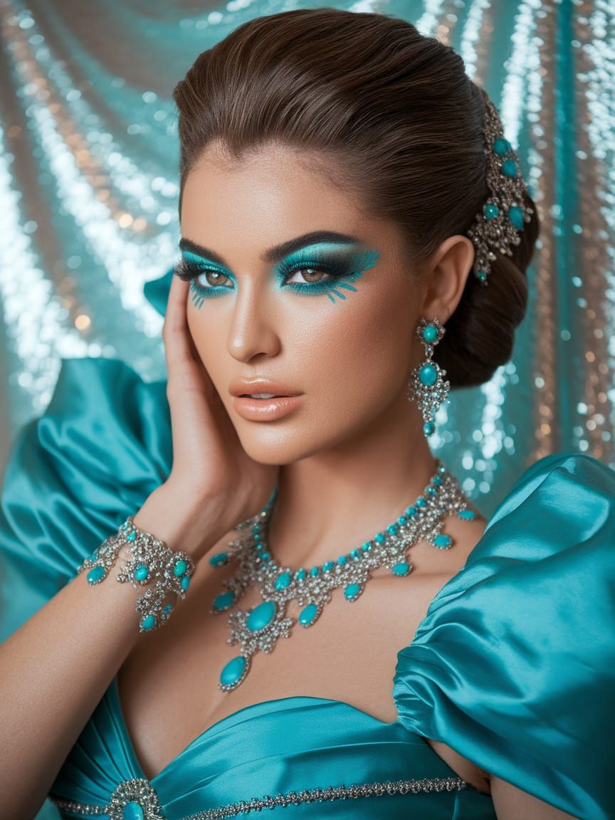 Turquoise Gown: Glamorous Woman in Fantasy Fashion