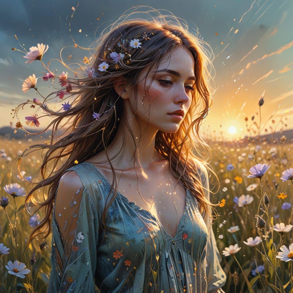 Ethereal Girl in Flower Field, Watercolor Splash Art