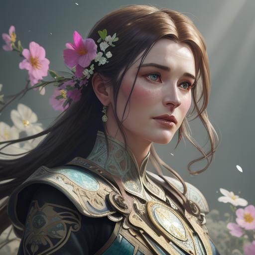 Elegant Portrait with Flowers in Splash Art Style