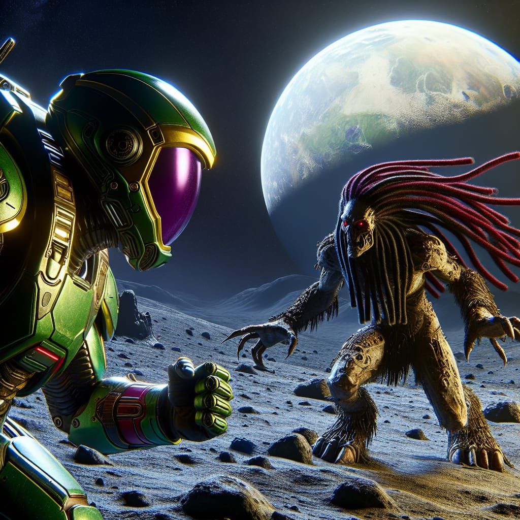 Astronaut and Alien Battle on the Moon in Dark Fantasy Style