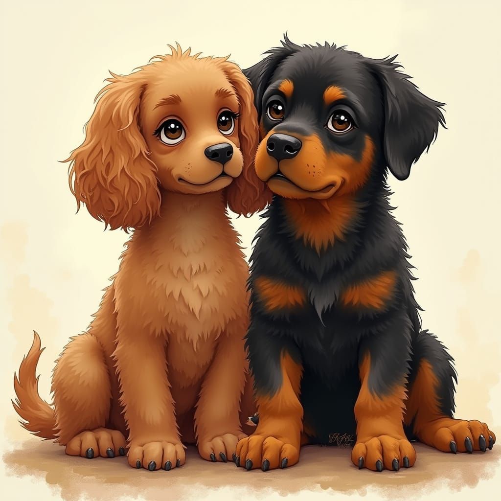Friendly Brown Cocker Spaniel and Rottweiler in a Sunlit Sce...