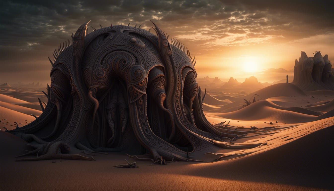 Eerie Desert Sunset in Surrealist Style