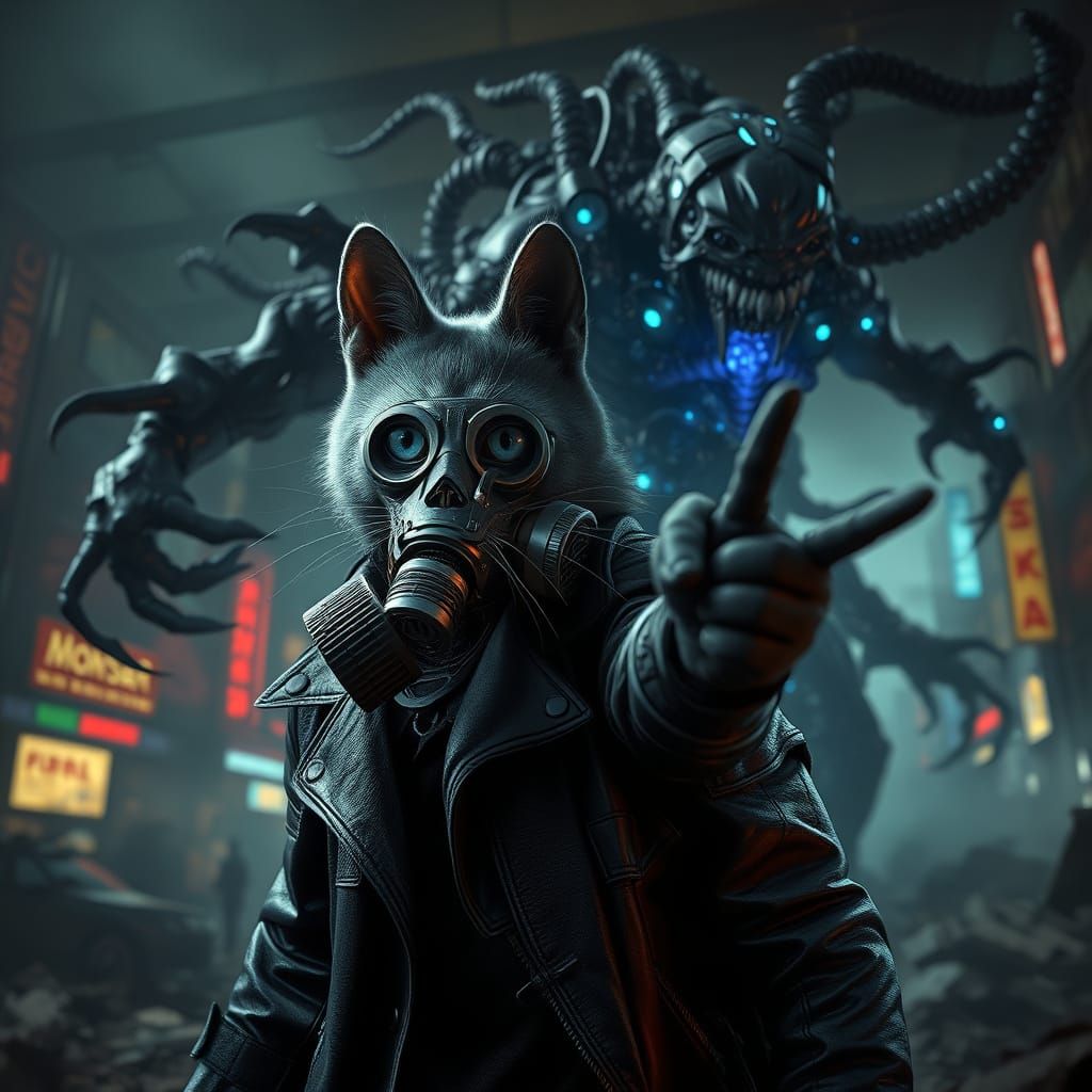 Cyberpunk Cat Battles Cybernetic Monster in Post-Apocalyptic...