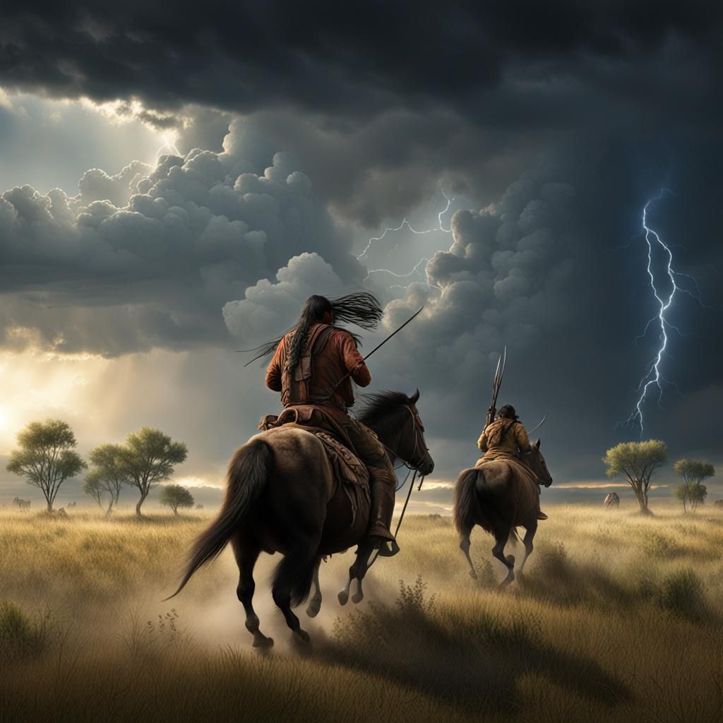 Native American Hunter Chasing Bison in Thunderstorm