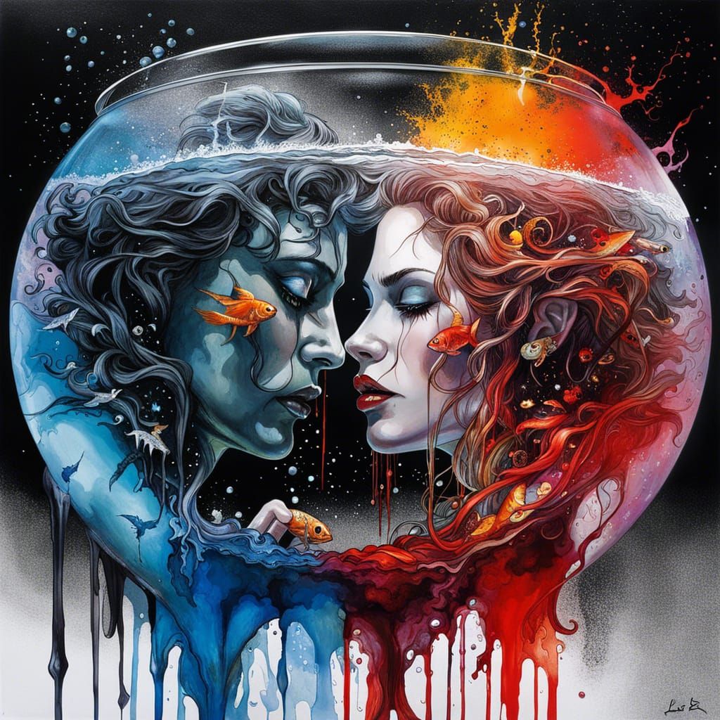 Surreal Fishbowl Scene as Inkblot Graffiti Art