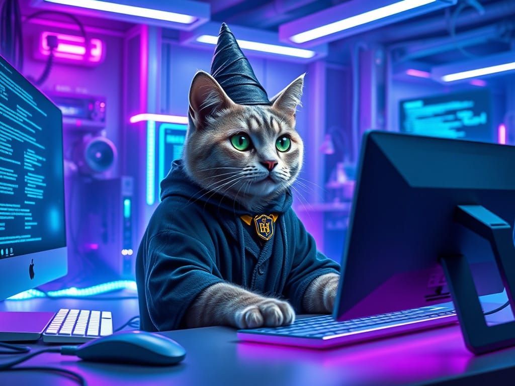 Regal Grey Cat Codes in a Cyberpunk Laboratory