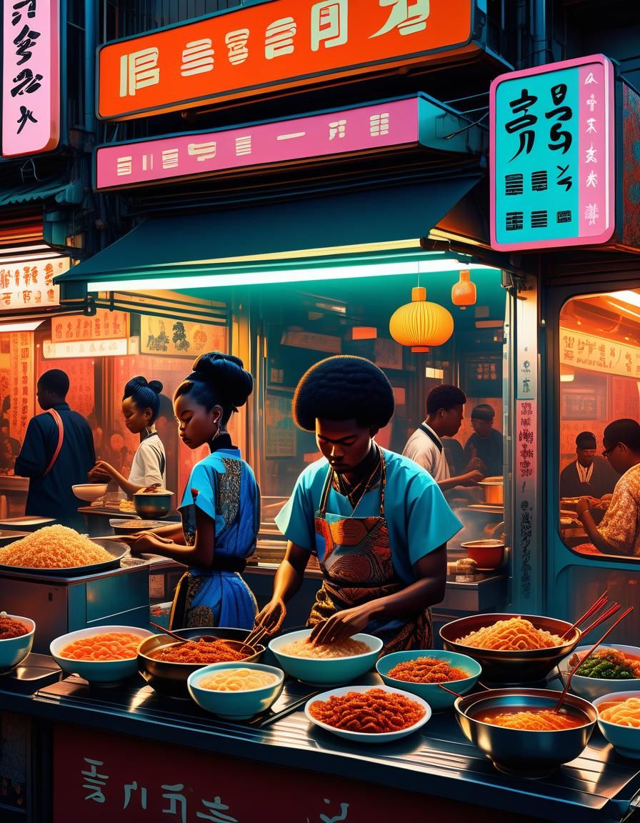 Afro-Asian Cyberpunk Market Fusion at Dusk