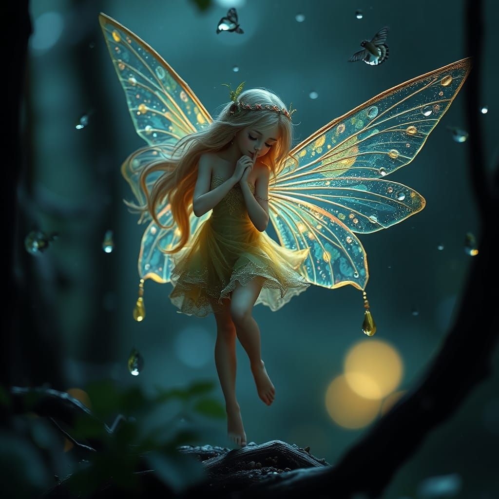 Realistic Fairy Inside Raindrop at Night