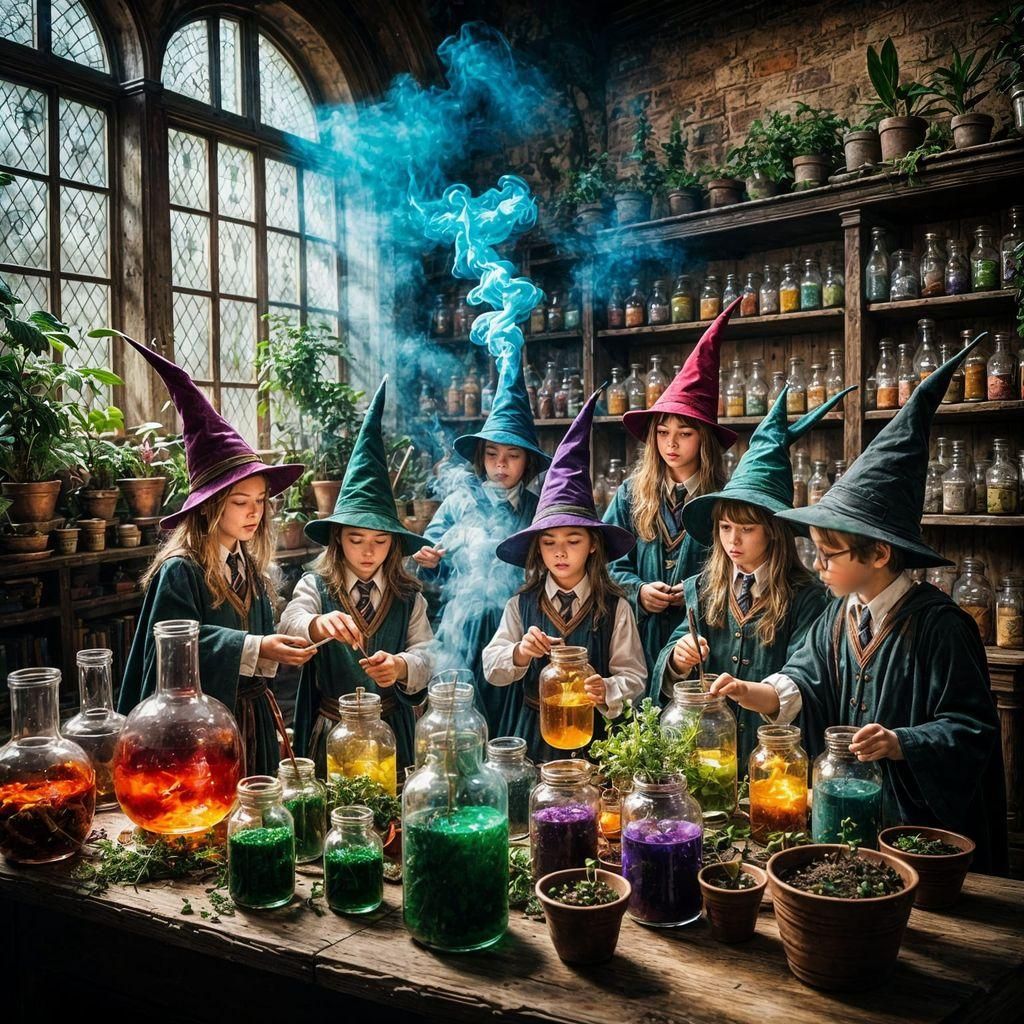 Young Wizards Mixing Magical Potions in a Whimsical Classroo...
