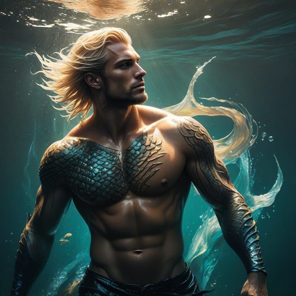 Blond Merman with Tattoos in Mythic Underwater Scene