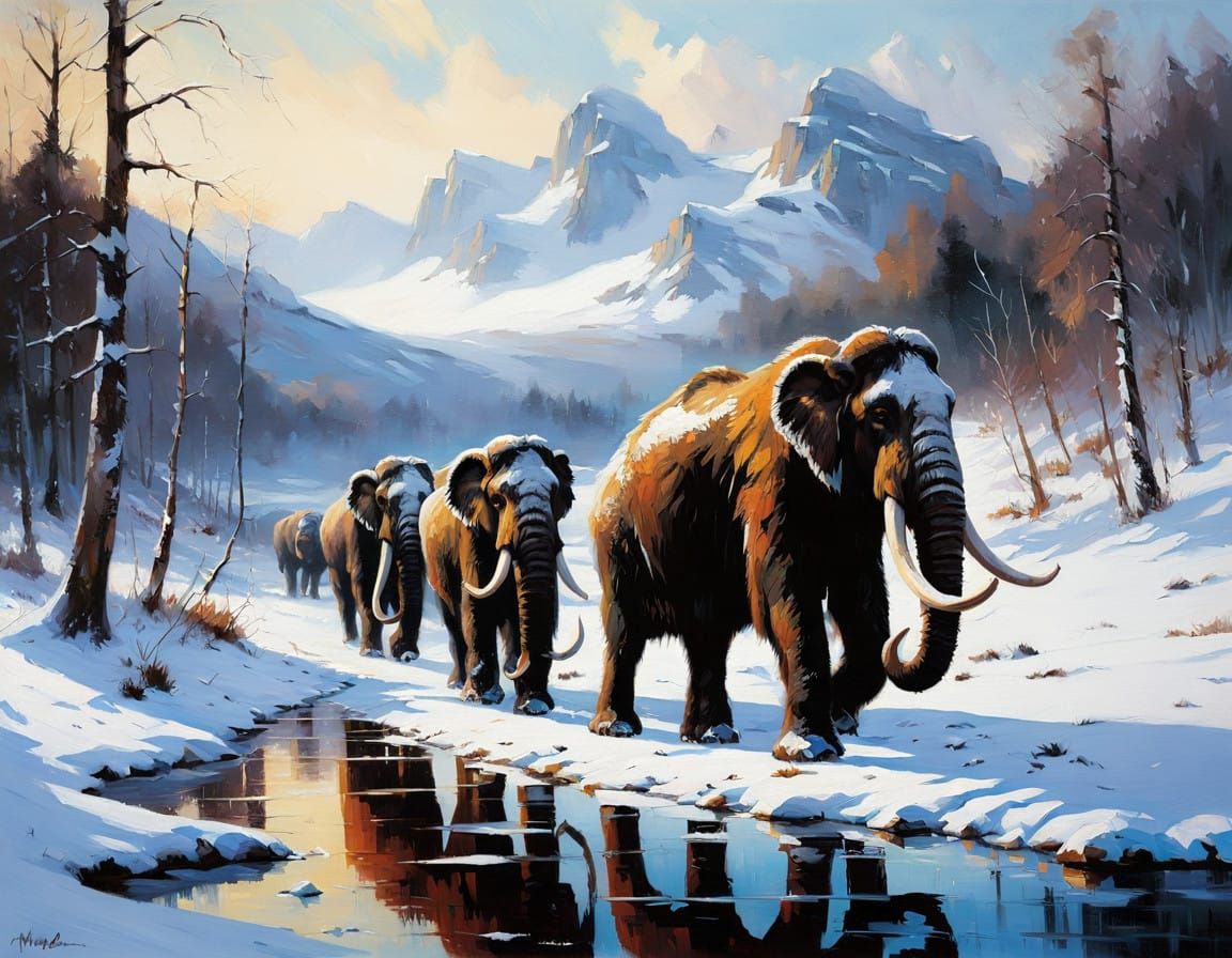 Mammoths Marching Through Frosty Tundra in Winter Wonderland