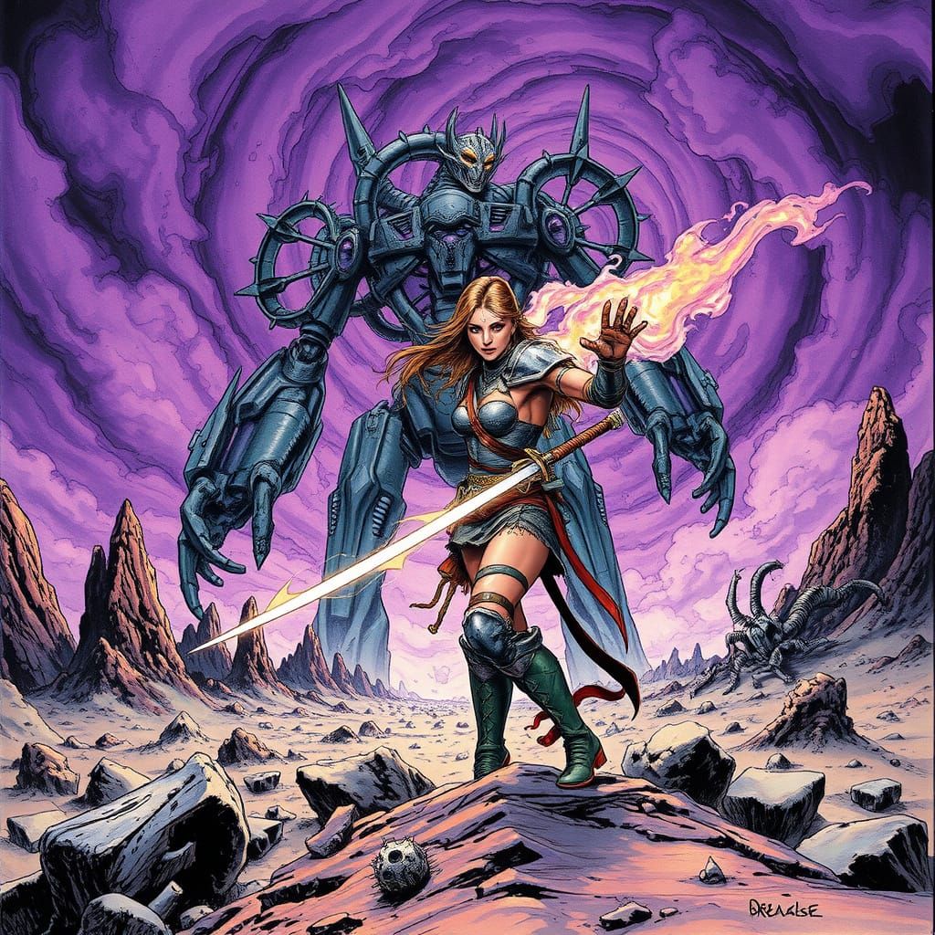 Defiant Warrior and Robot on Alien Battlefield