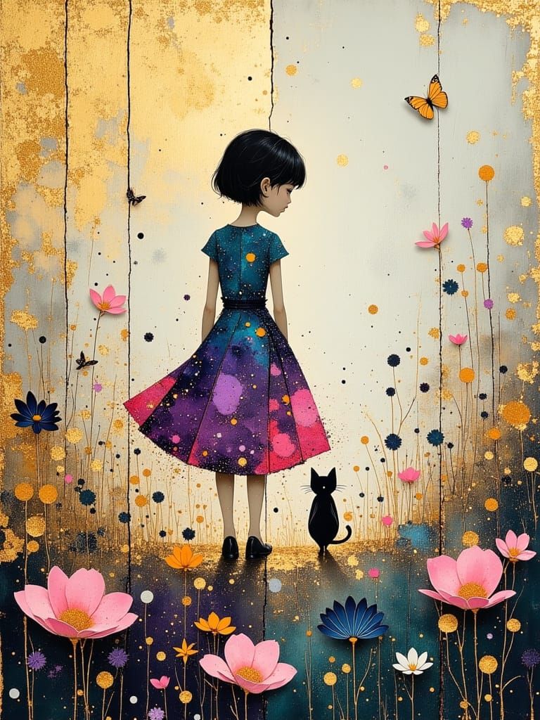 Girl, Cat, and Butterflies: Colorful Oil Painting