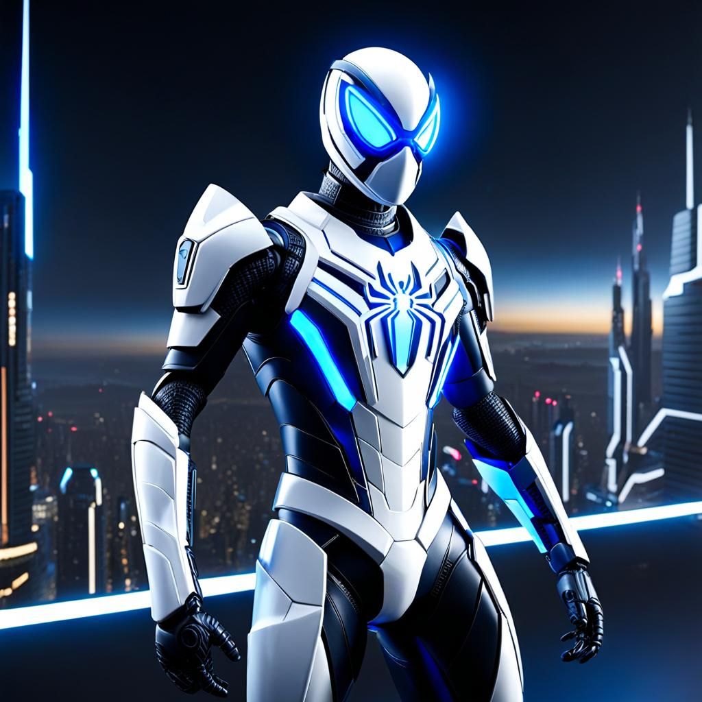 A Spider-Man Star Wars droid counterpart in a white and blue...