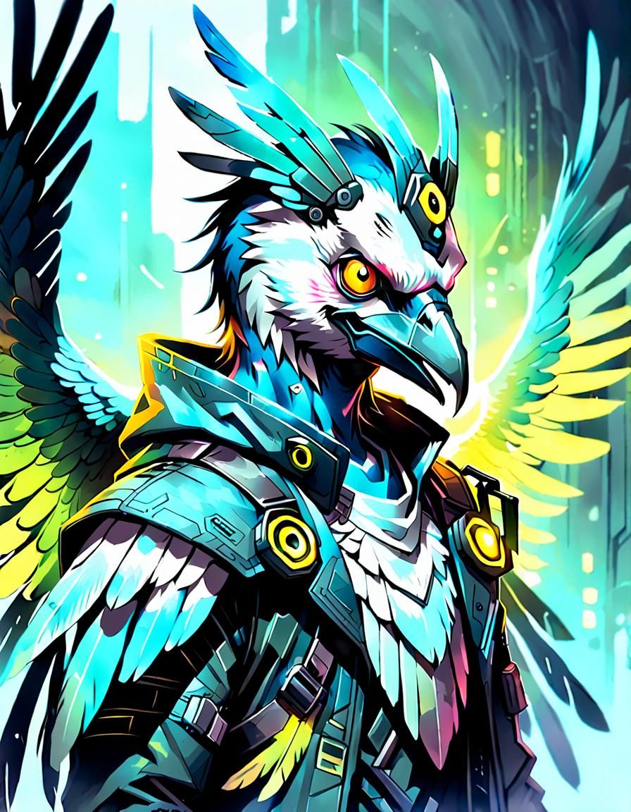 Cyberpunk Aarakocra Necromancer Portrait in Dark Fantasy Sty...