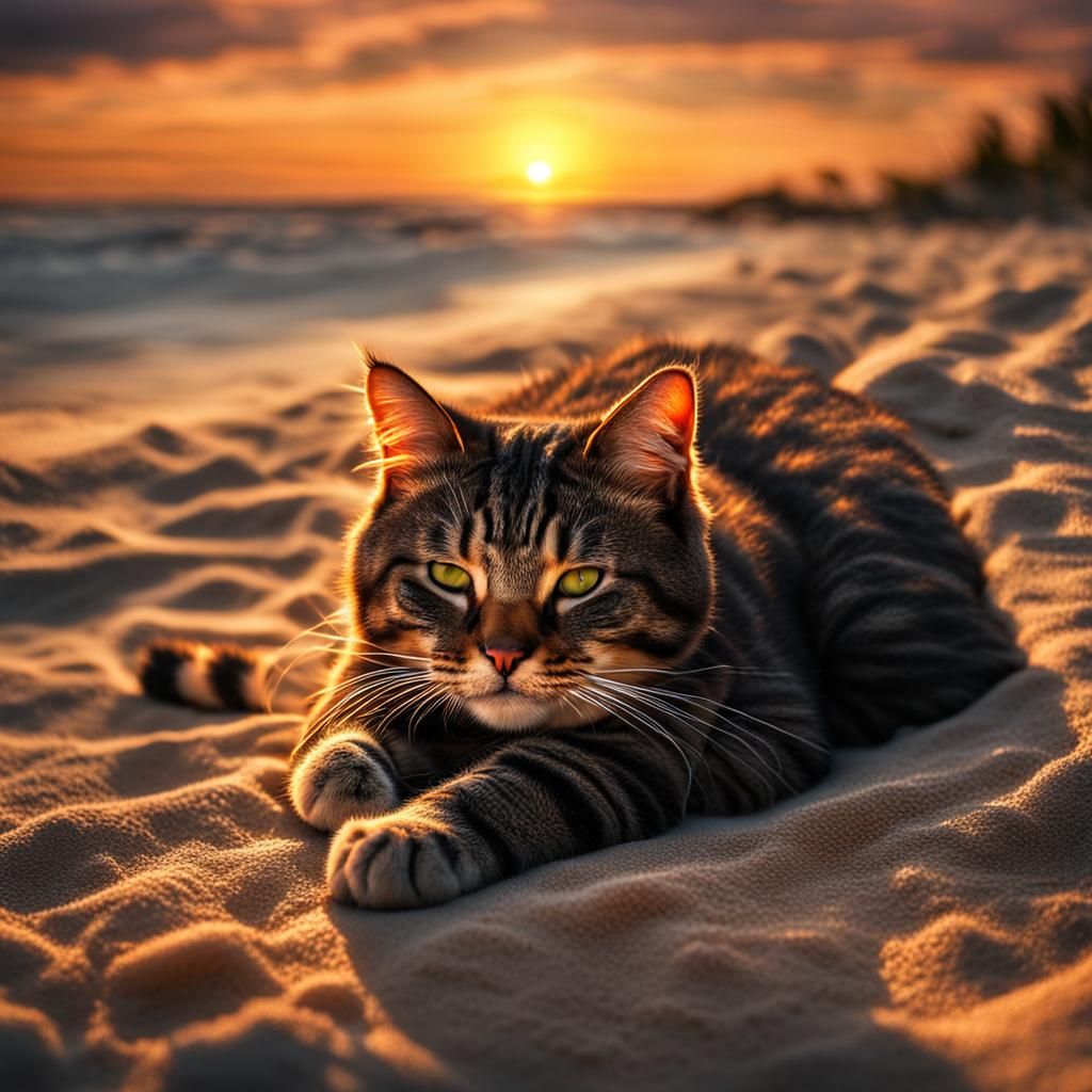Kitty Sleeps on Beach at Sunset: Hyperrealistic