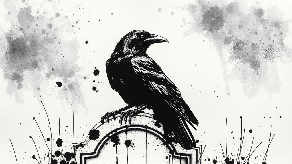 Raven on Gravestone in Ink Splatter Art