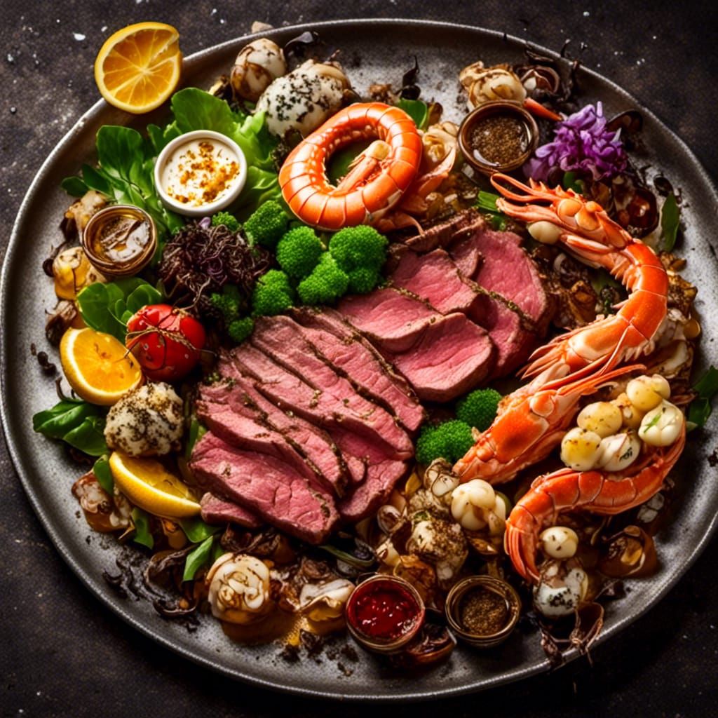 Luxurious Steak and Seafood Platter in Macro