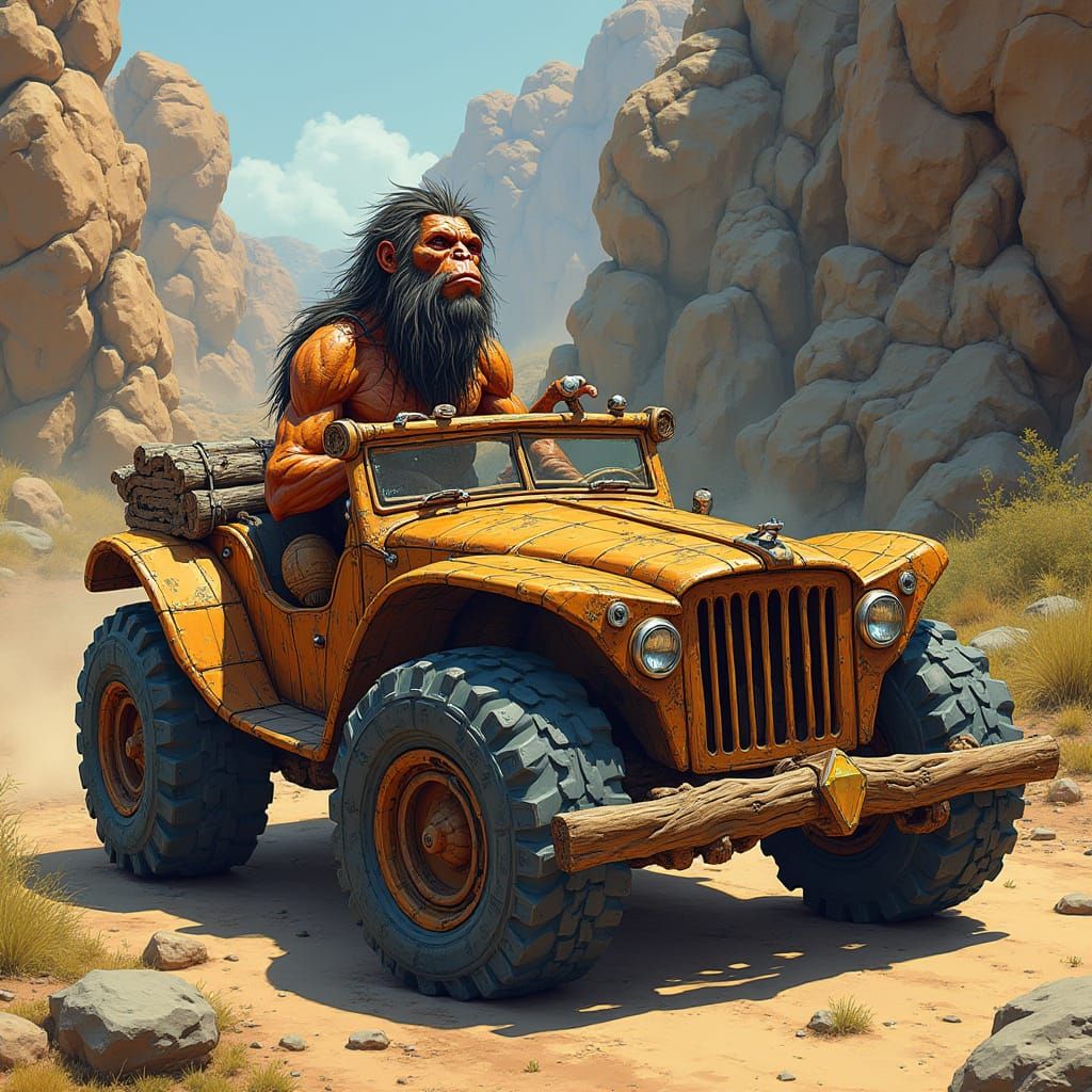 Neanderthal Drives Flintstones Car in Abstract Vector Style