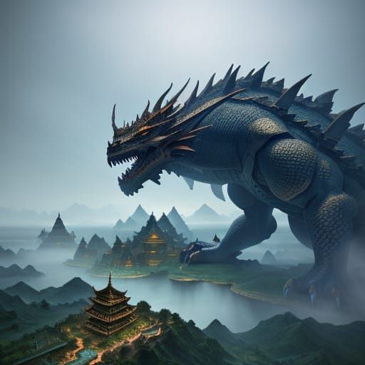 Tianlong Dragon Over Ancient City on Floating Island