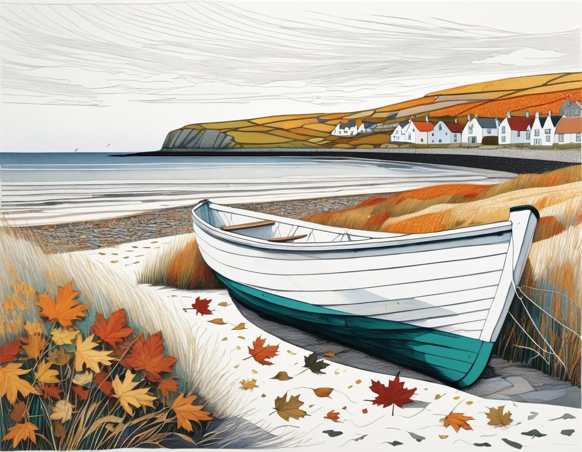 Autumnal Dinghy on Beach, Linocut Print