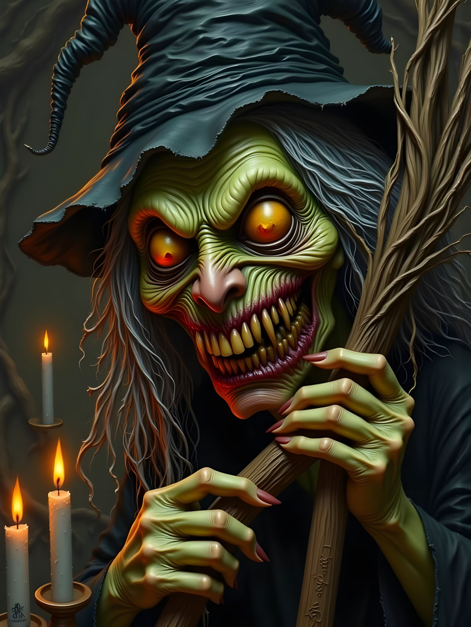 Macabre Witch in a Haunting, Gothic Landscape