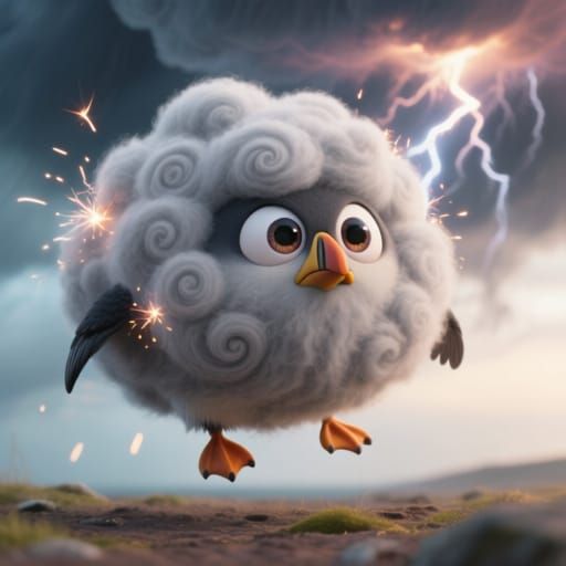 Fluffy Storm Cloud Creature with Puffin Feet