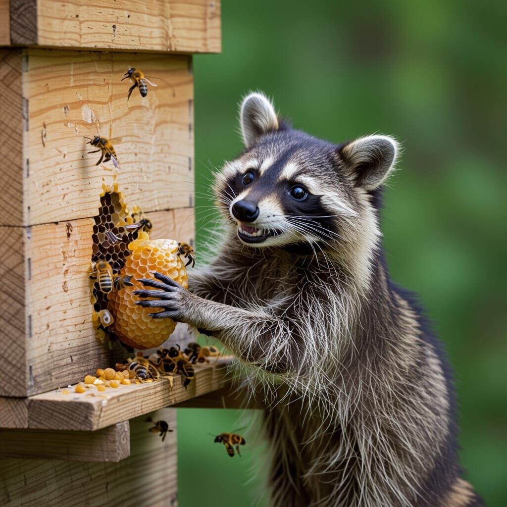 Funny Raccoon Steals Honey From Beehive