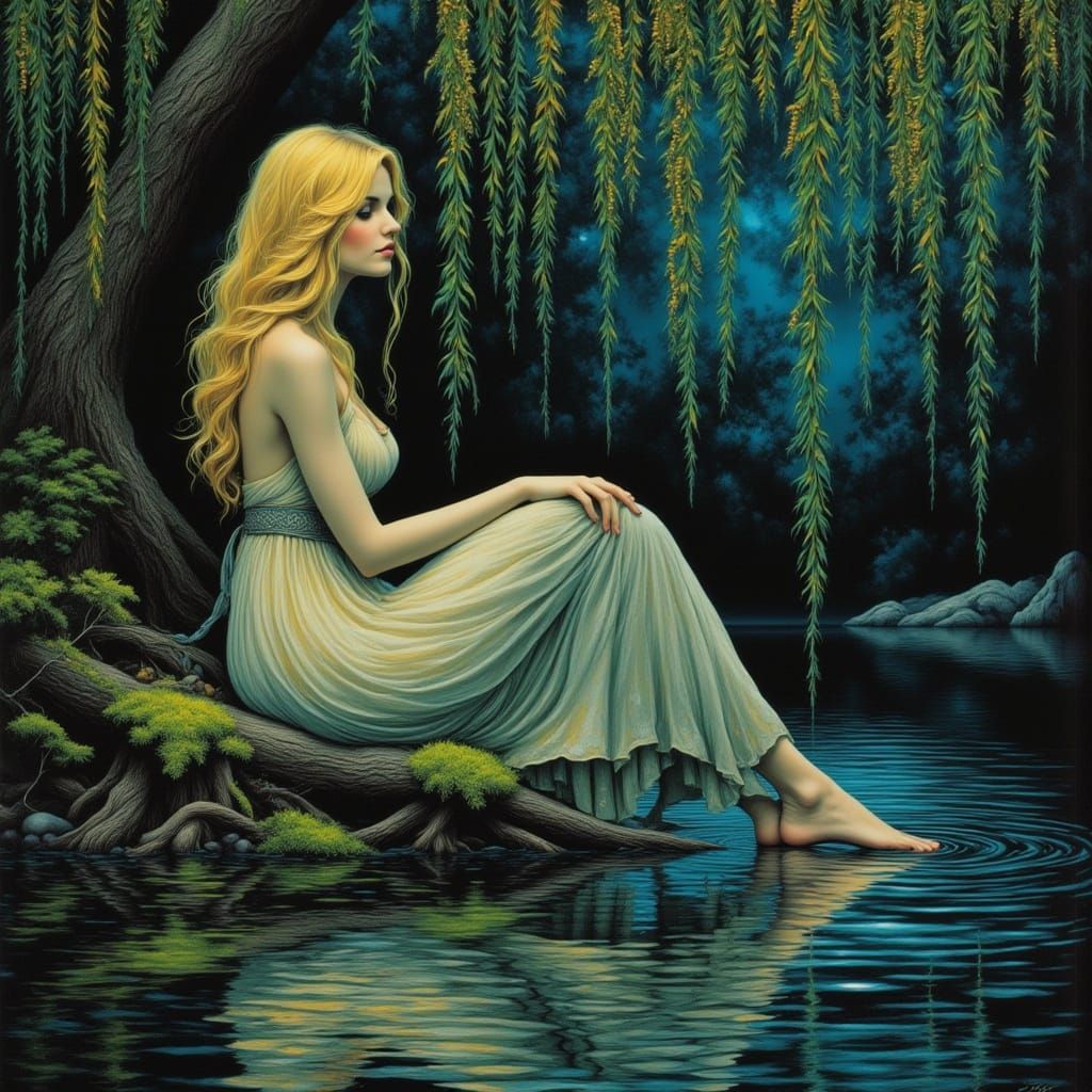 Woman by Reflective Lake in Twilight Forest