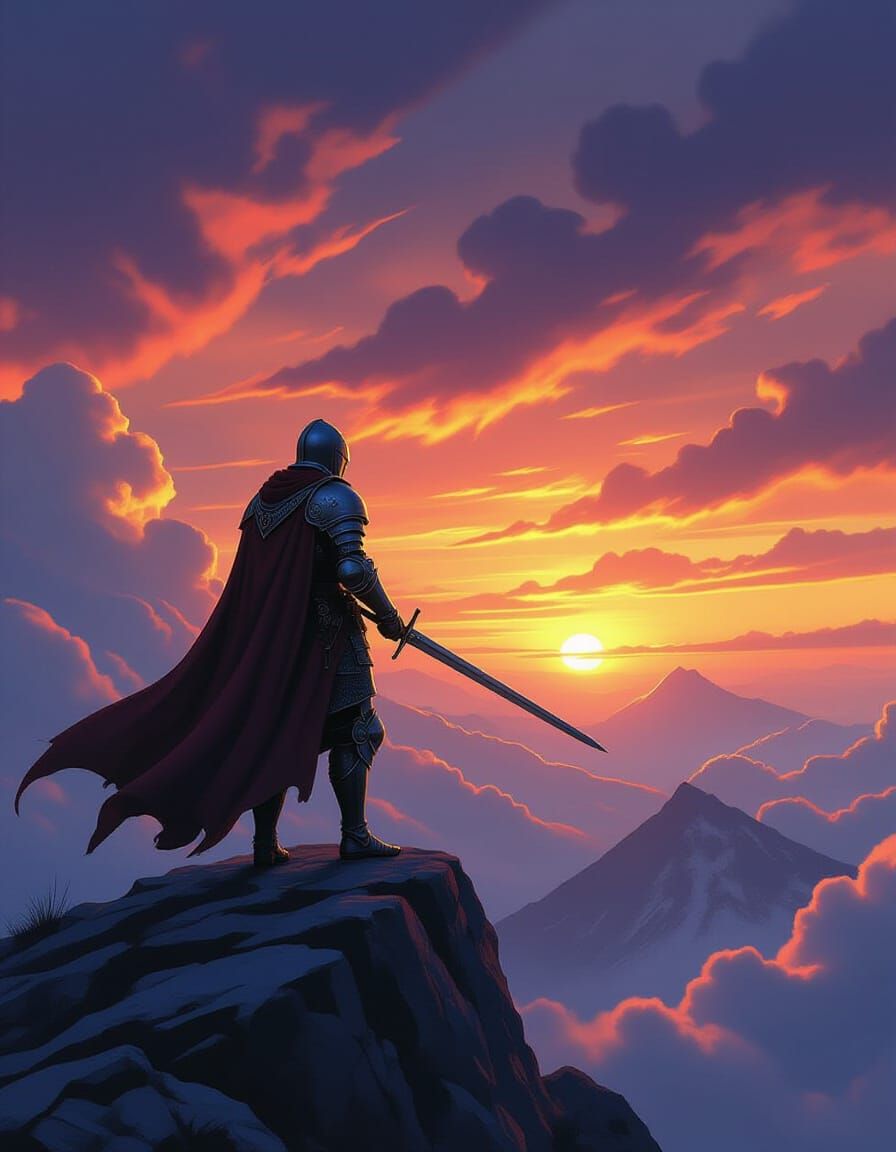 Knight on Mountain Peak at Fiery Dawn